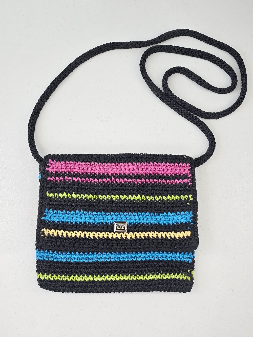 The Sak Crochet Stripe Crossbody Bag Black Multicolor Festival Boho